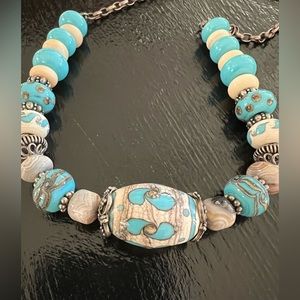 Vintage enamel painted bead silver necklace - UNIQUE!